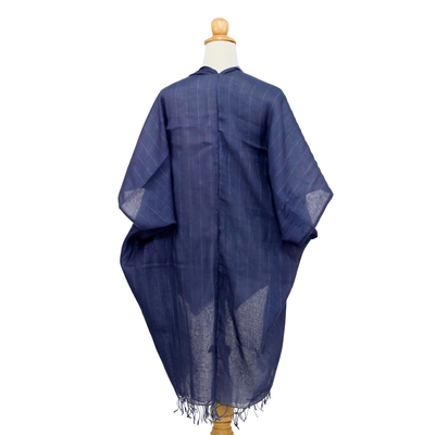 Cotton kimono jacket and scarf set, 'Midnight Blue Mystique' - Midnight Blue Cotton Thai Jacket with Light Blue Scarf Set