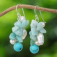 Pendientes de cuarzo y perlas cultivadas - Aretes de perlas cultivadas con cuentas y cuarzo azul