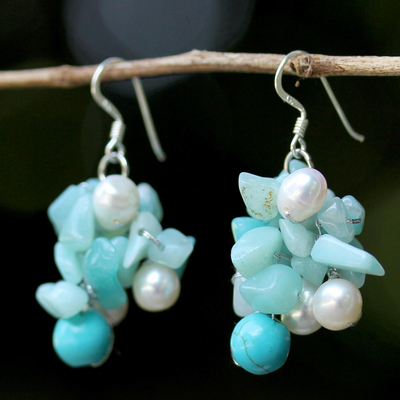 Quartz and cultured pearl earrings, 'Phuket Beach' - Beaded Cultured Pearl and Blue Quartz Earrings