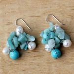 Quartz and cultured pearl earrings, 'Phuket Beach' - Beaded Cultured Pearl and Blue Quartz Earrings