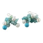 Quartz and cultured pearl earrings, 'Phuket Beach' - Beaded Cultured Pearl and Blue Quartz Earrings
