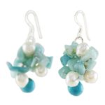 Quartz and cultured pearl earrings, 'Phuket Beach' - Beaded Cultured Pearl and Blue Quartz Earrings