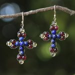 Lapis lazuli and garnet dangle earrings, 'Cross of Hope' - Garnet and Lapis Lazuli Cross Earrings from Thailand