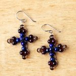 Lapis lazuli and garnet dangle earrings, 'Cross of Hope' - Garnet and Lapis Lazuli Cross Earrings from Thailand