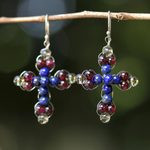 Lapis lazuli and garnet dangle earrings, 'Cross of Hope' - Garnet and Lapis Lazuli Cross Earrings from Thailand