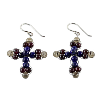 Lapis lazuli and garnet dangle earrings, 'Cross of Hope' - Garnet and Lapis Lazuli Cross Earrings from Thailand