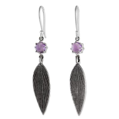 Amethyst dangle earrings, 'Purple Leaves' - Karen Silver and Amethyst Leaf Dangle Earrings from Thailand