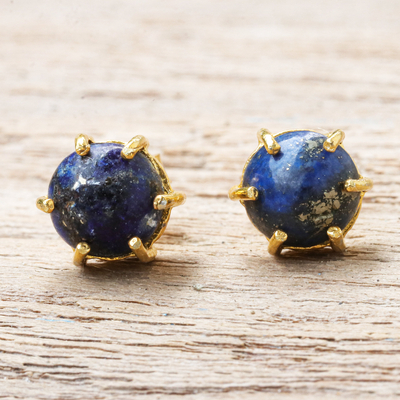 Pendientes de botón de lapislázuli bañados en oro - Aretes de lapislázuli chapados en oro de Tailandia