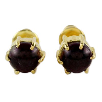 Gold plated garnet stud earrings, 'Thai Buds' - Gold Plated Garnet Stud Earrings from Thailand
