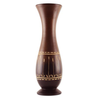 Mango wood decorative vase, 'Thai Flower Field' - Decorative Brown and Black Thai Mango Wood Vase