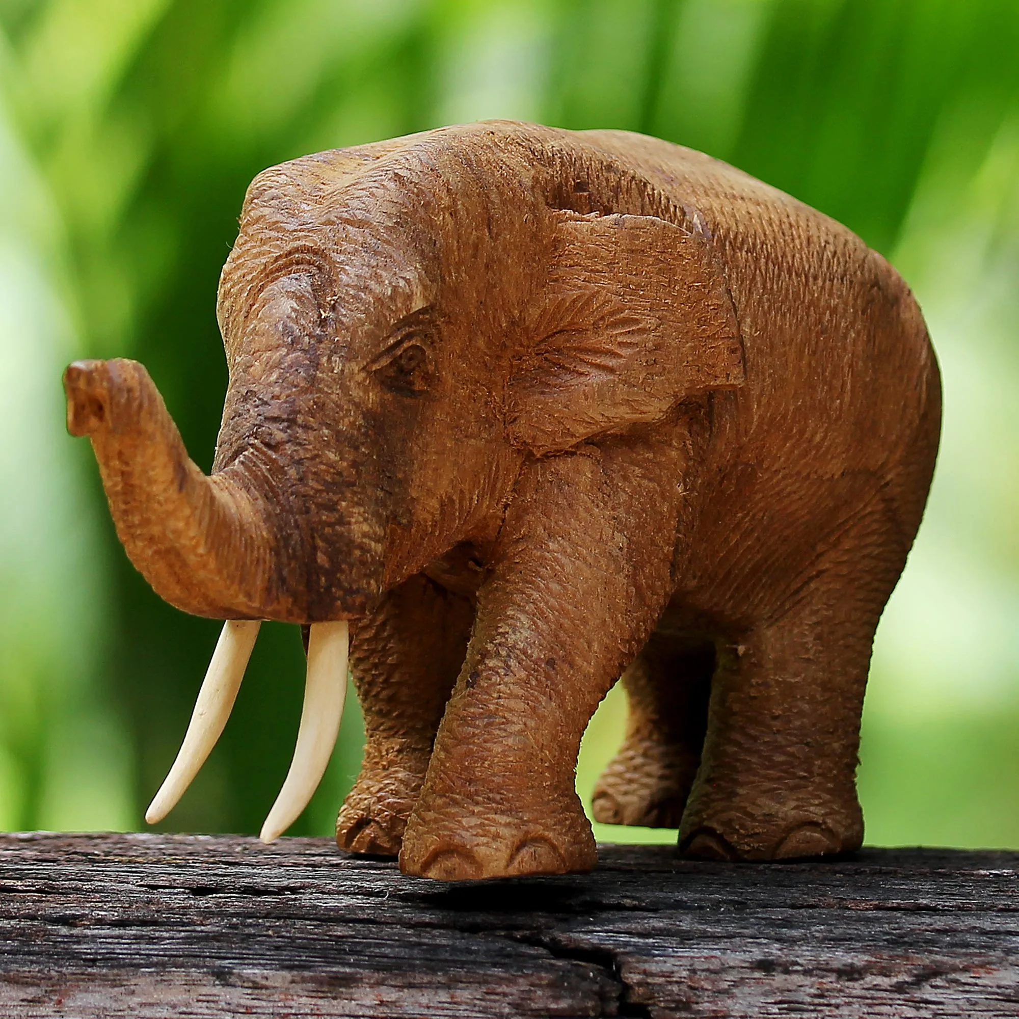 Elephant Wood Carving Ornament FairTrade Craft Hand Carved Elephants White Gold