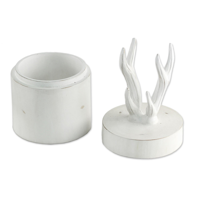 Wood decorative box, 'Antlers' - Hand Crafted White Decorative Box with Antlers from Thailand