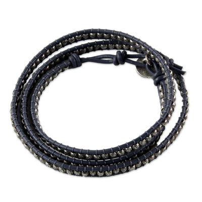 Silver wrap bracelet, 'Karen Rain' - Karen Silver and Leather Wrap Bracelet from Thailand