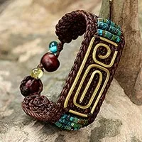 Pulsera colgante de latón, 'Siam Fortress' - Pulsera de latón marrón y turquesa reconstituida