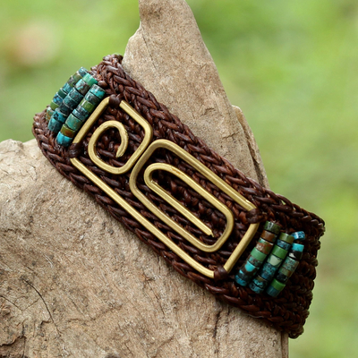 Brass pendant wristband bracelet, 'Siam Fortress' - Brown Brass and Reconstituted Turquoise Wristband Bracelet