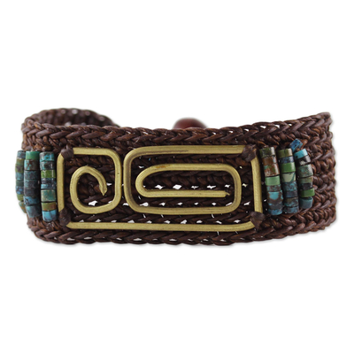 Brass pendant wristband bracelet, 'Siam Fortress' - Brown Brass and Reconstituted Turquoise Wristband Bracelet