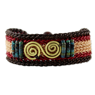 Brass pendant wristband bracelet, 'Siam Spirals' - Brass and Reconstituted Turquoise Braided Wristband Bracelet