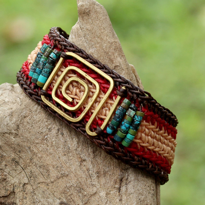 Brass pendant wristband bracelet, 'Siam Maze' - Beige and Red Brass and Reconstituted Turquoise Bracelet