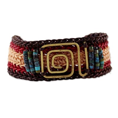 Brass pendant wristband bracelet, 'Siam Maze' - Beige and Red Brass and Reconstituted Turquoise Bracelet