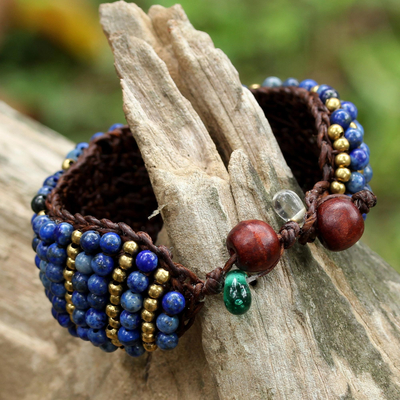 Lapis lazuli beaded wristband bracelet, 'Thai Smile' - Lapis Lazuli and Brass Beaded Bracelet from Thailand