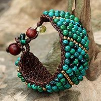 Serpentine beaded wristband bracelet, 'Thai Smile' - Serpentine and Brass Beaded Wristband Bracelet from Thailand