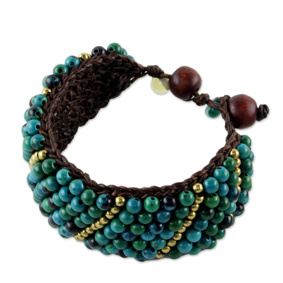 Serpentine and Brass Beaded Wristband Bracelet from Thailand