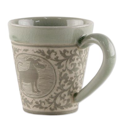Celadon ceramic mug, 'Thai Zodiac Dog' - Celadon Glazed Ceramic Mug with Dog from Thailand