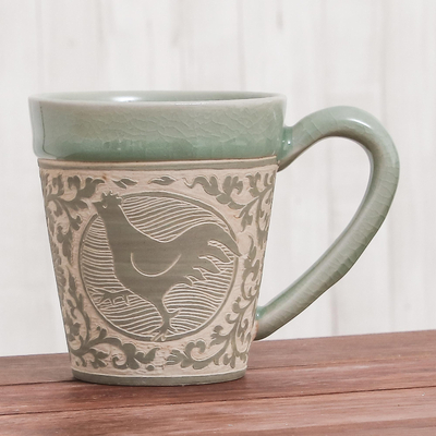 Celadon ceramic mug, 'Thai Zodiac Chicken' - Celadon Glazed Ceramic Mug with Chicken from Thailand