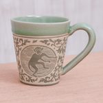 Celadon ceramic mug, 'Thai Zodiac Monkey' - Celadon Glazed Ceramic Mug with Monkey from Thailand