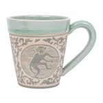Celadon ceramic mug, 'Thai Zodiac Monkey' - Celadon Glazed Ceramic Mug with Monkey from Thailand
