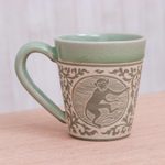 Celadon ceramic mug, 'Thai Zodiac Monkey' - Celadon Glazed Ceramic Mug with Monkey from Thailand