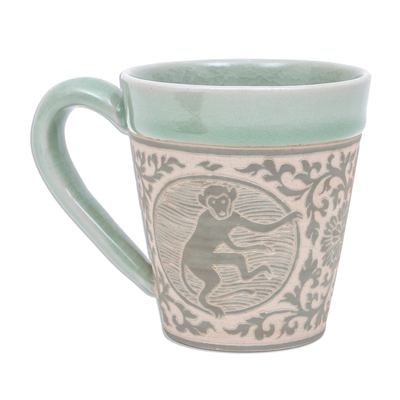 Celadon ceramic mug, 'Thai Zodiac Monkey' - Celadon Glazed Ceramic Mug with Monkey from Thailand