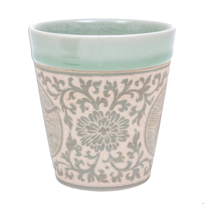 Taza de cerámica celadón - Taza de cerámica vidriada Celadon con mono de Tailandia