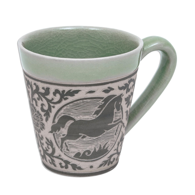 Taza de cerámica celadón - Taza de cerámica vidriada Celadon con caballo de Tailandia
