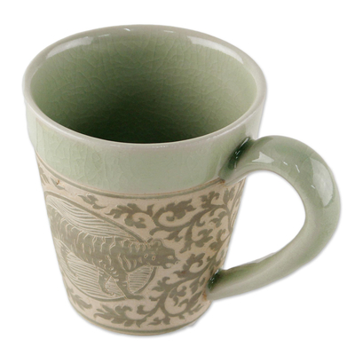 Celadon ceramic mug, 'Thai Zodiac Tiger' - Hand Crafted Ceramic Mug with Tiger from Thailand