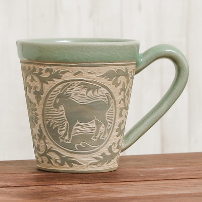 Celadon ceramic mug, Thai Zodiac Goat