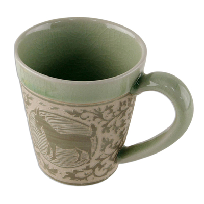 Celadon ceramic mug, 'Thai Zodiac Goat' - Celadon Glazed Ceramic Mug with Goat from Thailand