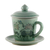 Celadon ceramic cup and saucer, 'Lanna Luxury' - Celadon Glazed Ceramic Floral Cup and Saucer from Thailand
