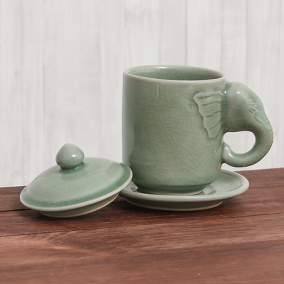 Celadon ceramic cup and saucer, 'Chiang Mai Elephant' - Celadon Ceramic Elephant Cup and Saucer from Thailand