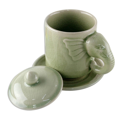 Celadon ceramic cup and saucer, 'Chiang Mai Elephant' - Celadon Ceramic Elephant Cup and Saucer from Thailand