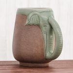 Celadon ceramic mug, 'Morning Elephant' - Ceramic Celadon Thai Elephant Mug in Green and Brown