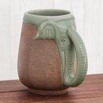 Celadon ceramic mug, 'Morning Elephant' - Ceramic Celadon Thai Elephant Mug in Green and Brown