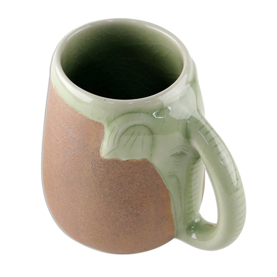 Celadon ceramic mug, 'Morning Elephant' - Ceramic Celadon Thai Elephant Mug in Green and Brown