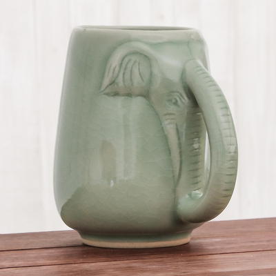 Celadon ceramic mug, Morning Elephant in Green