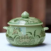 Celadon ceramic soup bowl, 'Lotus Bouquet' - Celadon Ceramic Floral Soup Bowl with Lid from Thailand