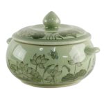Celadon ceramic soup bowl, 'Lotus Bouquet' - Celadon Ceramic Floral Soup Bowl with Lid from Thailand