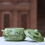 Celadon ceramic soup bowl, 'Lotus Bouquet' - Celadon Ceramic Floral Soup Bowl with Lid from Thailand
