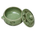 Celadon ceramic soup bowl, 'Lotus Bouquet' - Celadon Ceramic Floral Soup Bowl with Lid from Thailand