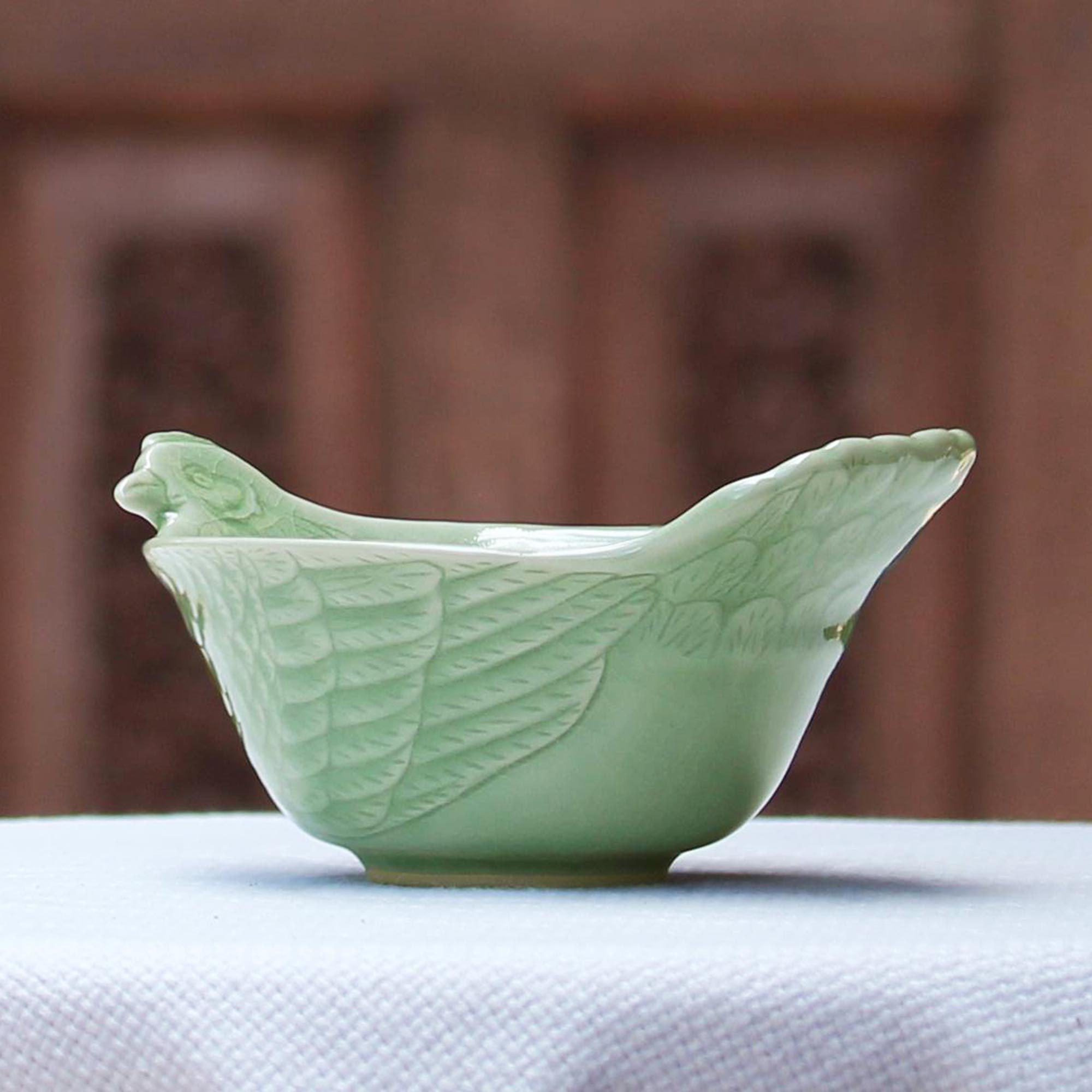 Hand Crafted Celadon Ceramic Chicken Bowl from Thailand - Chiang Mai