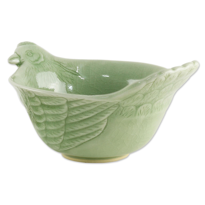 Celadon ceramic bowl, 'Chiang Mai Chicken' - Hand Crafted Celadon Ceramic Chicken Bowl from Thailand